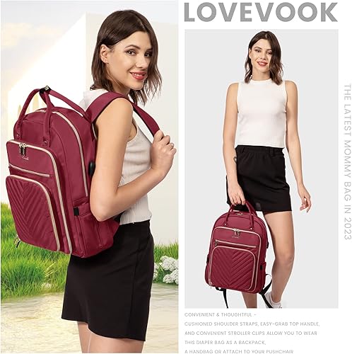Miniatura 4 de LOVEVOOK Mochila para laptop para mujer, mochila de trabajo de moda con puerto USB, mochilas impermeables para el trabajo., Rojo vino, Moda ligera e