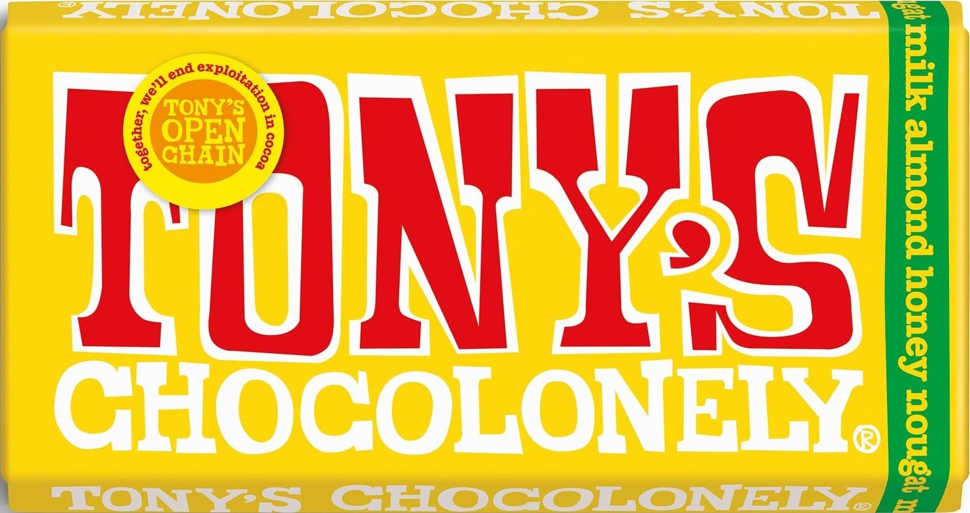 Tony's Chocolonely Milk Almond Honey Nougat Chocolate Bar - 180g, Milk Chocolate, Gift, Vegetarian - Belgian Fairtrade Chocolate