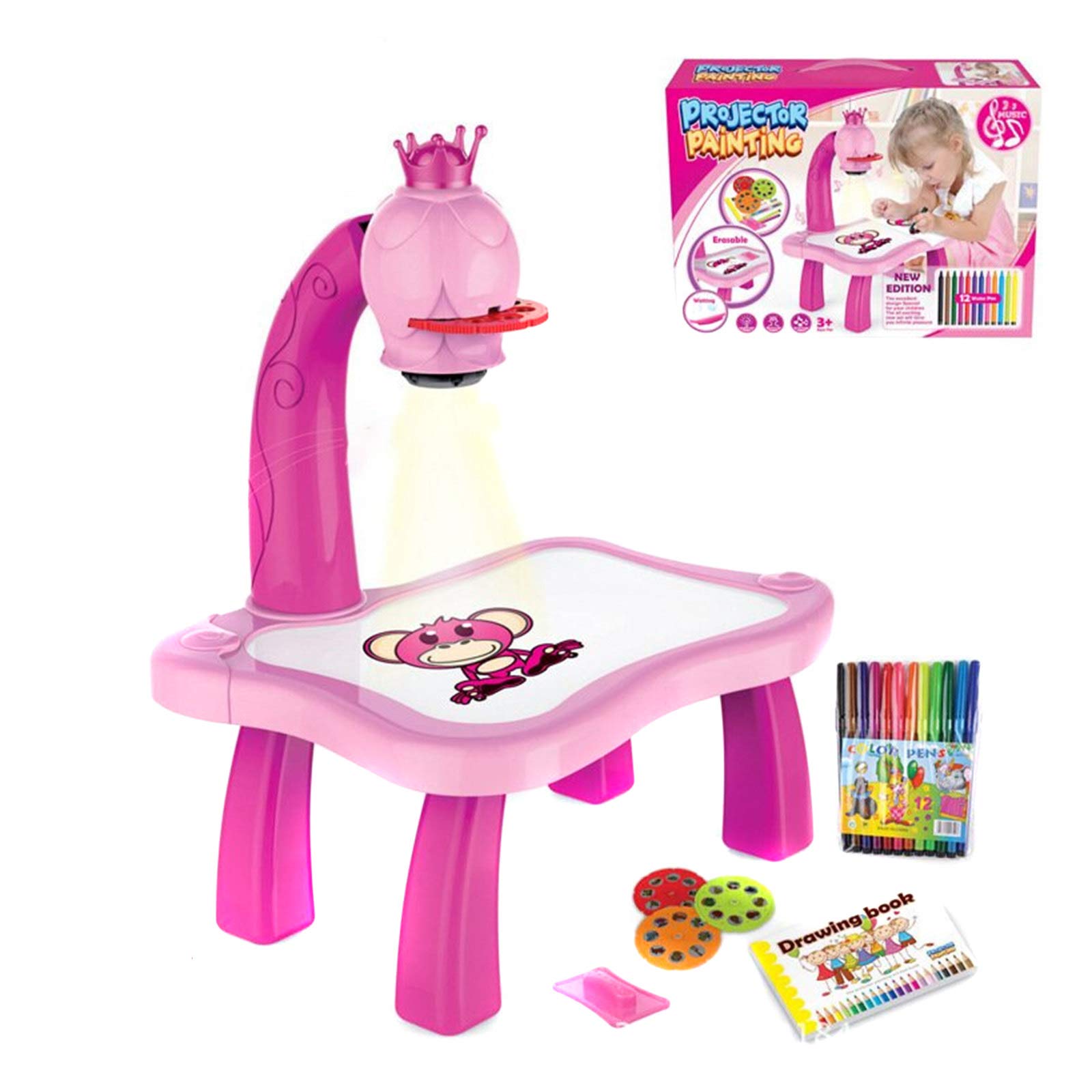 Drawing Projector Toy for Kids, Springhall Art Projector Projection Drawing Board Tracing Desk Art Tracing Projector Kit Sketch Machine with Light Music for Kids Boys Girls Age 3+ (Pink)