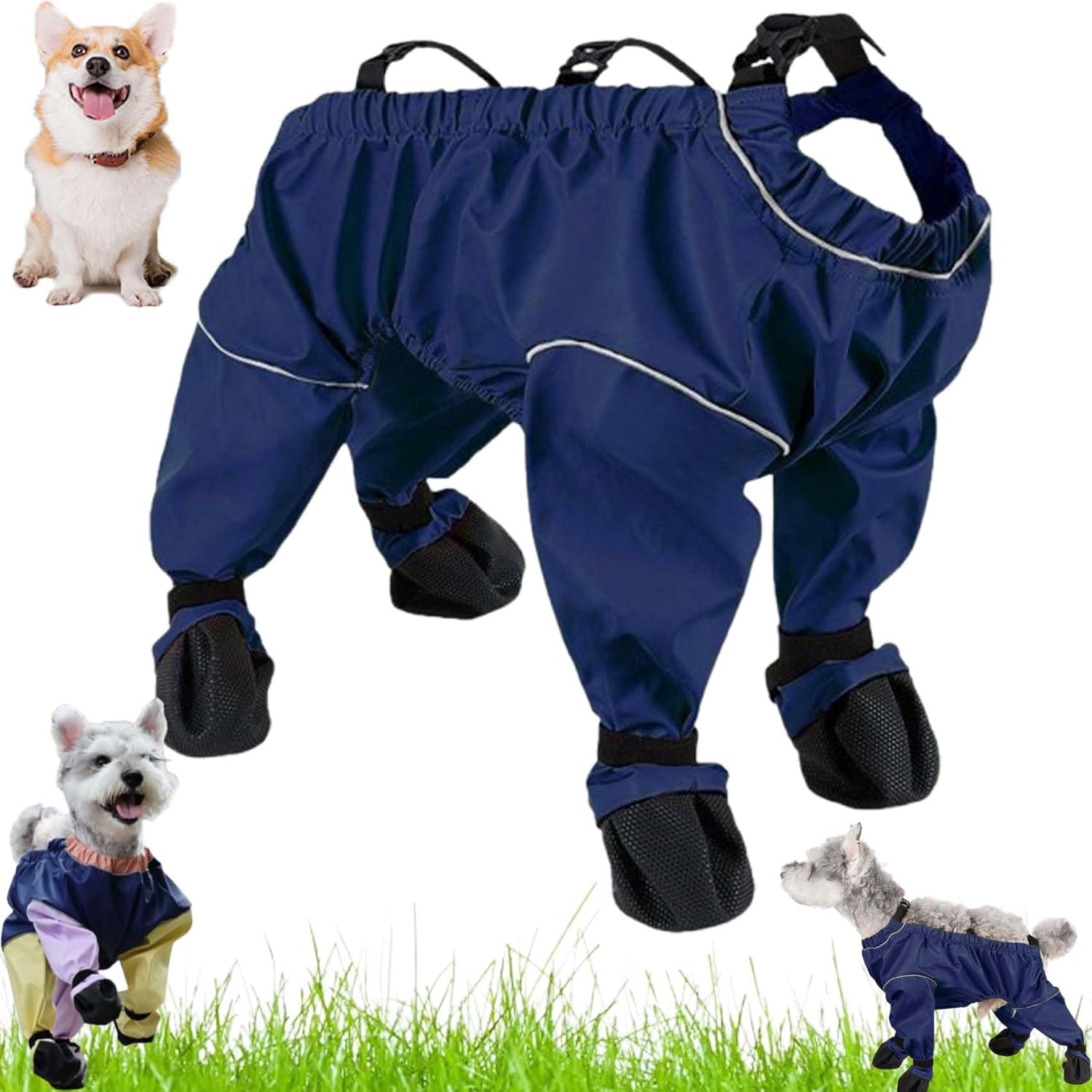Dog Snowsuit with Attached Boots,Waterproof Dog Rain Boots with Suspender,Anti Dust Pants Withs Shoes for Dogs,Outdoor Adjustable Dust-Proof Pants Paw Protector for Walking Hiking (Blue-A,X-Large)