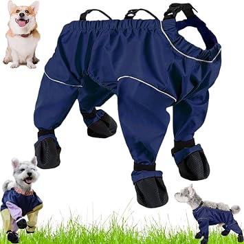 Dog Snowsuit with Attached Boots,Waterproof Dog Rain Boots with Suspender,Anti Dust Pants Withs Shoes for Dogs,Outdoor Adjustable Dust-Proof Pants Paw Protector for Walking Hiking Blue-A,Small