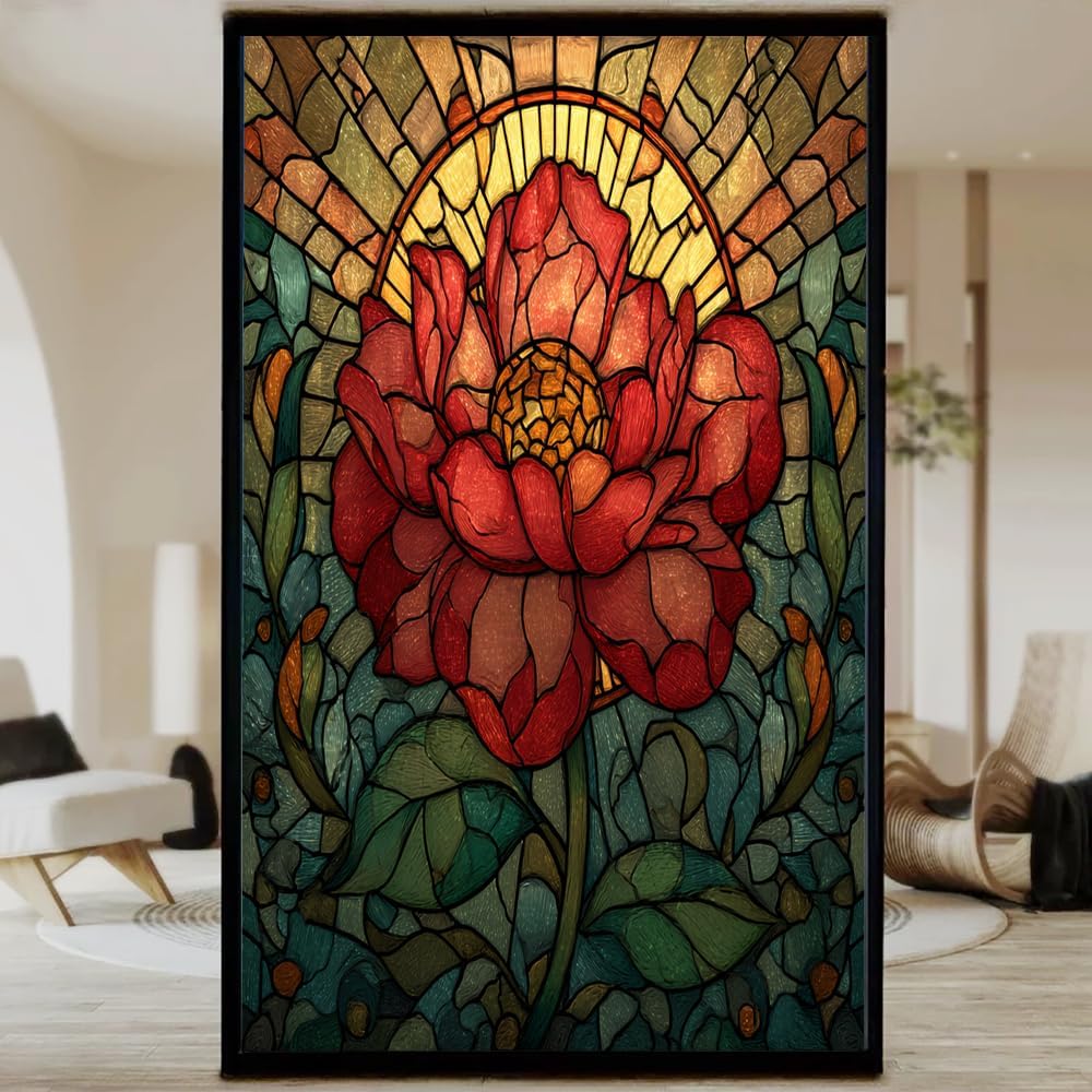 Nature Sunlight Flower Privacy Window Film, Red Botanical Mosaic Frosted Self-Adhesive Vinyl Cling for Glass Doors Bathroom Windows Sun Blocking Heat Control, 27.6Wx47.2L inch