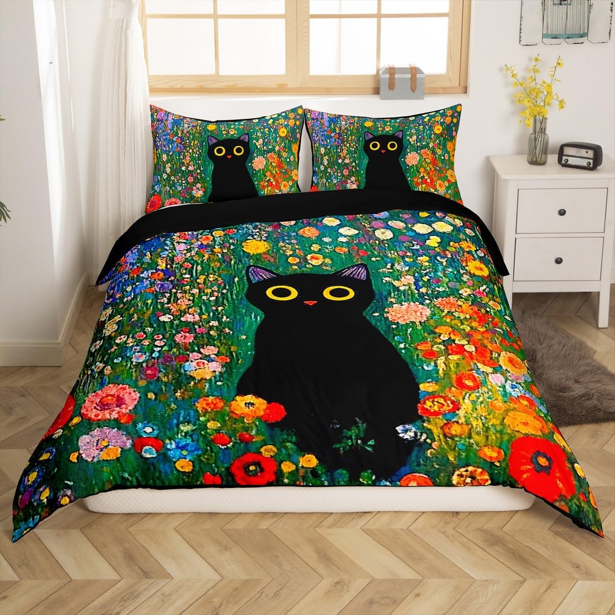 jejeloiu Black Cat Bedding Set Flower Floral Print Duvet Cover Set for Kids Boys Girls Oil Painting Style Comforter Cover Pet Animal Quilt Cover Bedroom Collection 3Pcs Full Size,No Comforter