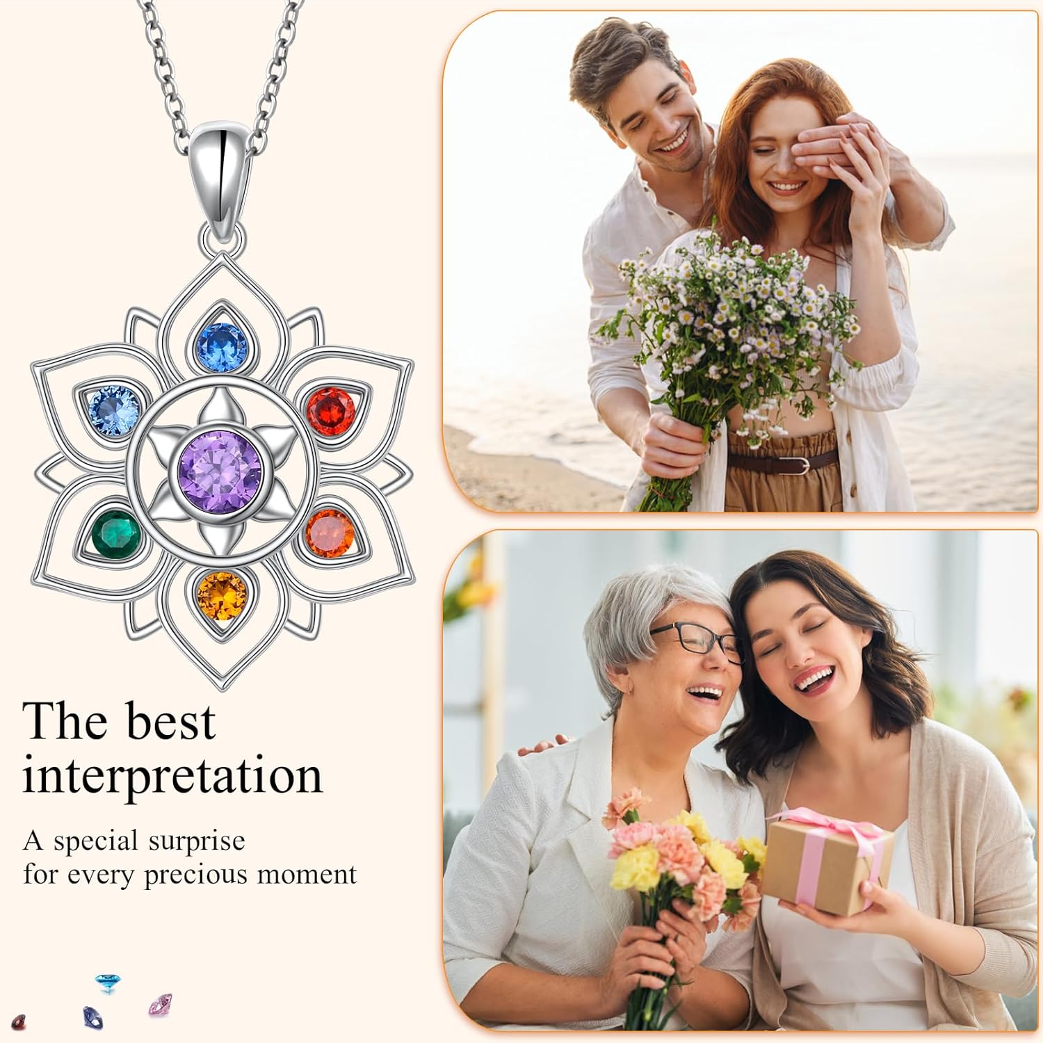 FLYOW 7 Chakra Necklace 925 Sterling Silver Lotus Flower Rainbow Stones Yoga Chakra Energy Balance Pendant Jewelry Christmas Gifts for Women Spiritual Healing - Image 8