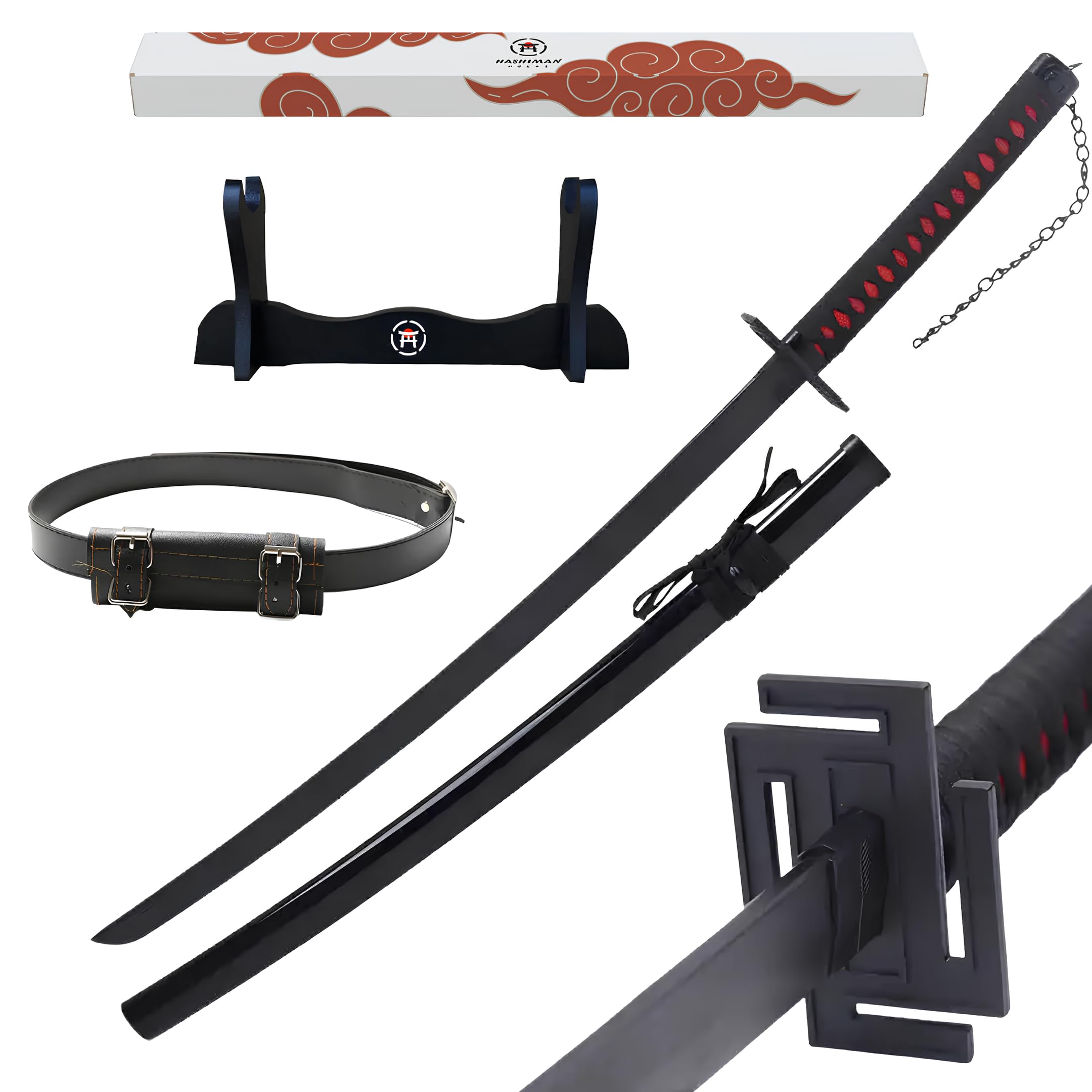 Katana Bleach - Vera Manga Sciabola + Porta Spada di Legno + Cintura - Catana Giapponese Decorazione Cosplay Giocattolo Bambini Adulti Gioco Costumi