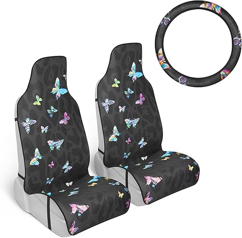 Fundas de asiento de coche de leopardo y mariposa, paquete de 2 fundas de asiento delantero con estampado de animales para automóviles con funda de