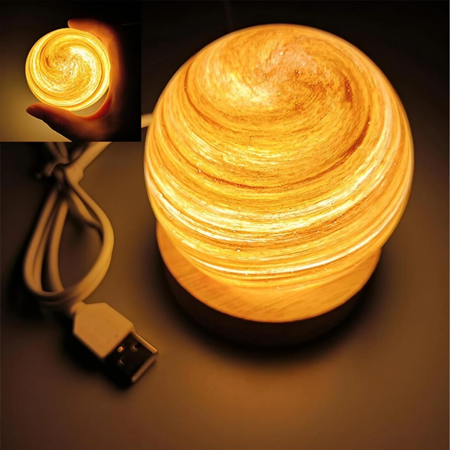 3D Planet Night Light, Glass Art Planet LED Table Mood Lamp, 8CM Kids Galaxy Night Light, Stepless Dimmable Brightness,with USB and Wooden Base,Gift for Baby Girls Boys Birthday (Sunset)