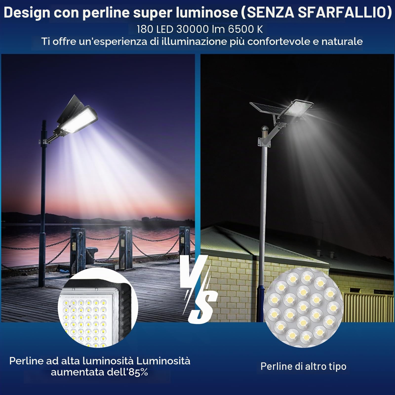 Eleganted Lampione Solare LED Esterno, 30000LM Faro Stradale con Pannello Solare, Faretto LED da Esterno Solare, 6500K, IP65 Impermeabile, per Giardino, Terrazzo