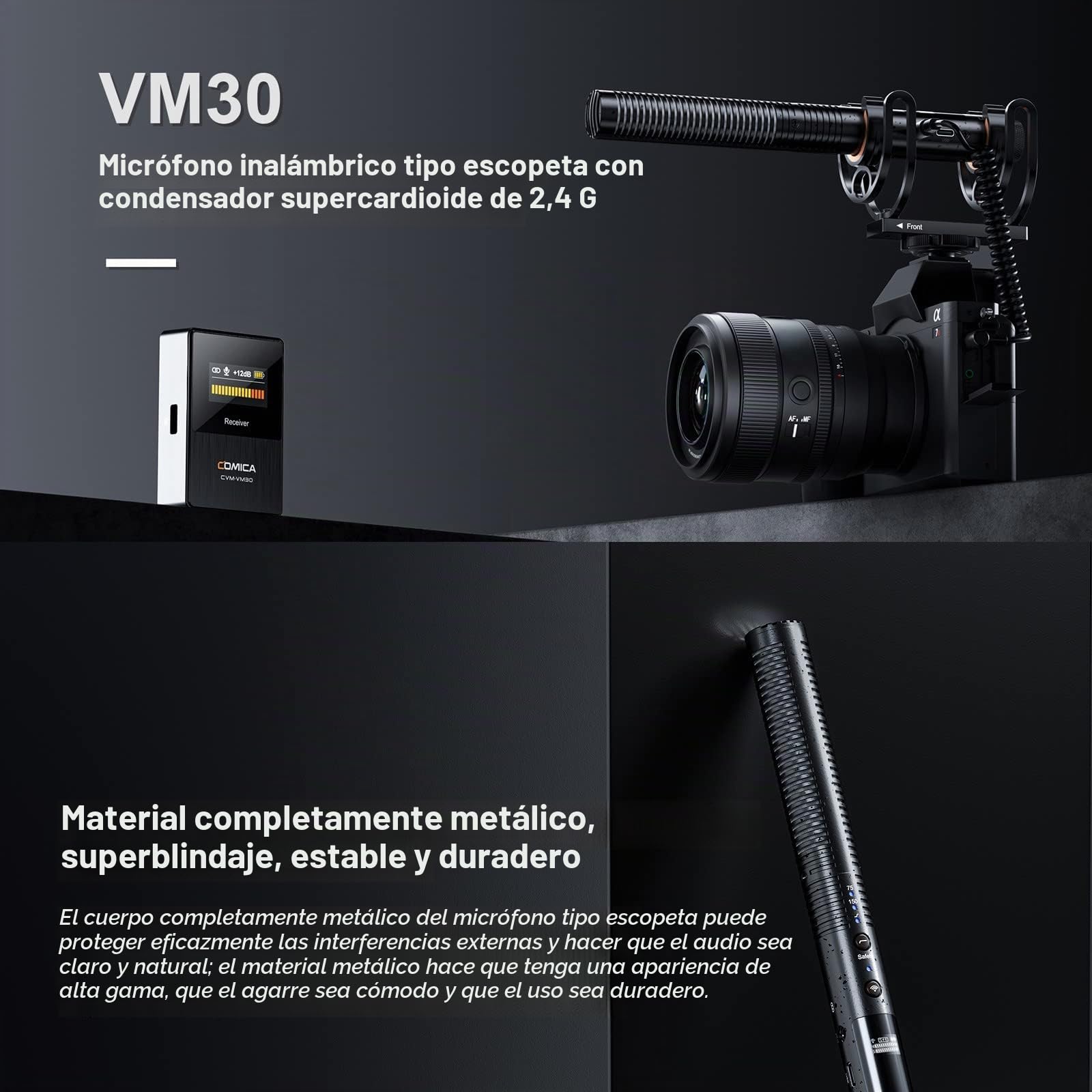 COMICA CVM-VM30 2.4G Super Cardioid Condenser Microphone Sans Fil pour Appareil Photo, Smartphone et PC Avec 75/150 Hz, Microphone vidéo Universel Super cardioïde pour cinéastes, Vloggers