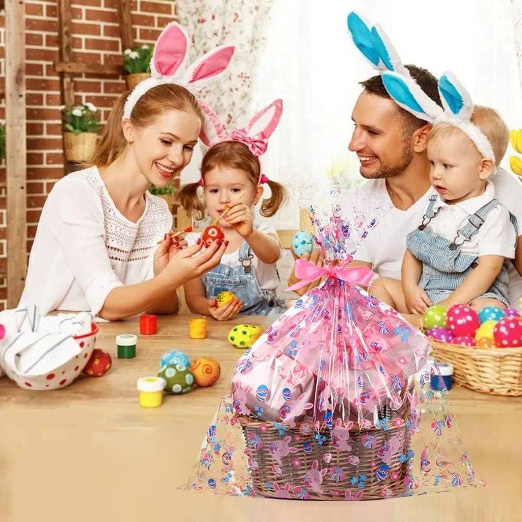 shareluck 100ft Easter Cellophane Wrap Roll - Easter Cello Wrapping Paper for Gift Baskets, Treats-Bunny Design & Eggs Cellophane. (100ft Long x 16” Wide x 2.5Mil)