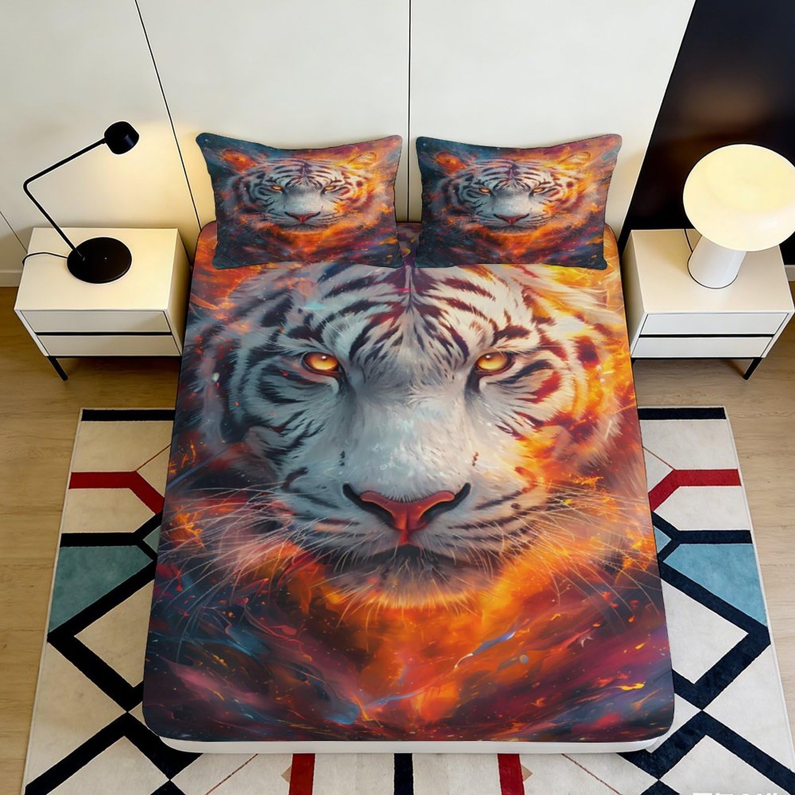 3D Printed Fiery White Tiger Fitted Sheet Microfiber Soft Bedroom Decor Flame Pattern Mattress Cover 90x200x25cm