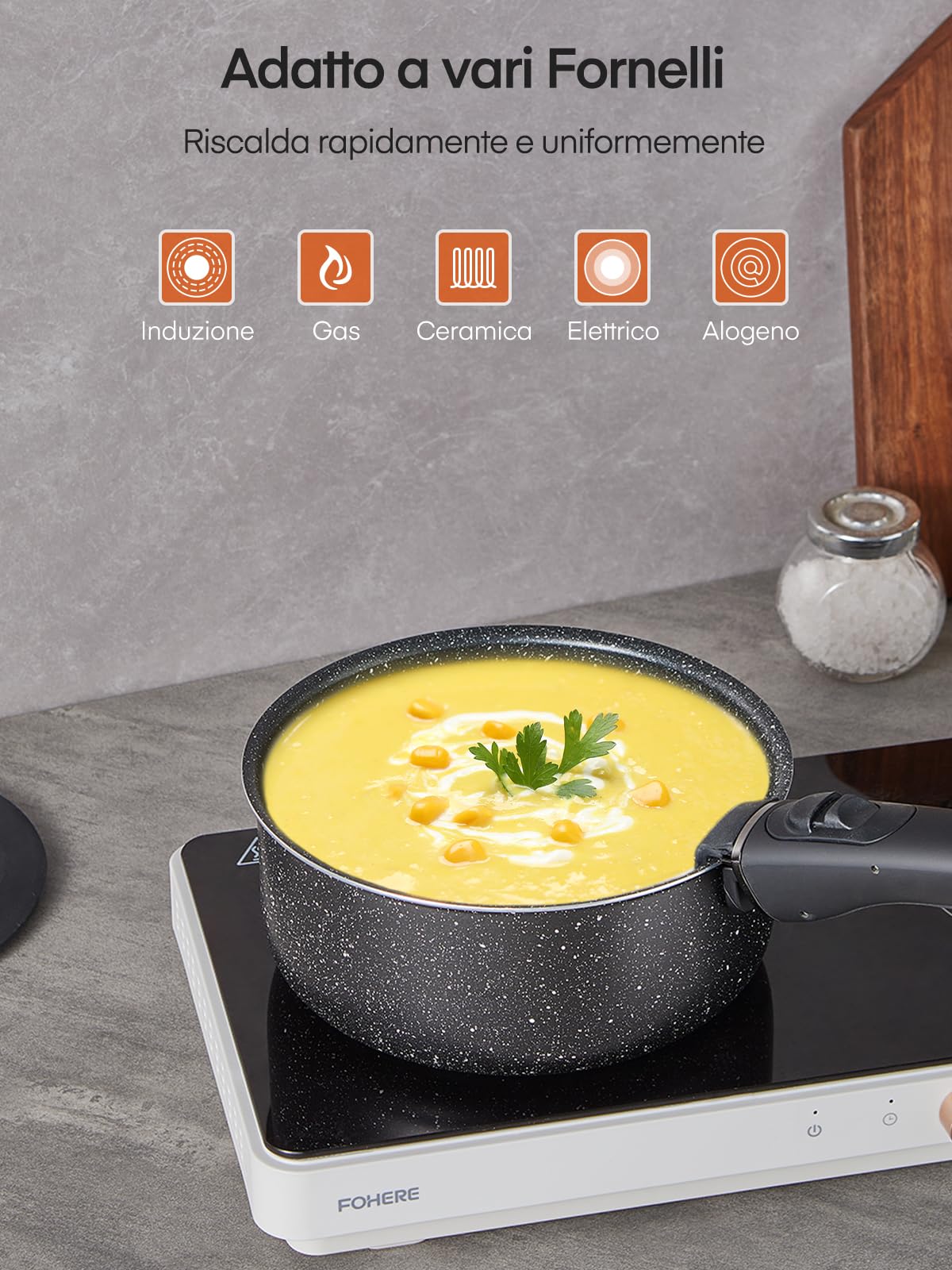 FOHERE Set di Pentole e Padelle da 8 Pezzi con 2 Manici Amovibili e 2 Coperchi, Padella 20/28cm, Casseruola 16/20cm, Antiaderenti di Pentole, Alluminio, Adatto Induzione,Lavastoviglie, Gas e Forno