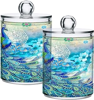 MNSRUU 2 Pack Qtip Holder Organizer Dispenser Peacock Bathroom Storage C...
