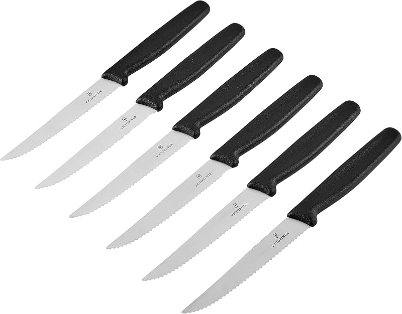 Swiss Army Cutlery Serrated Steak Knife Set, Pointed-tip, 4.5-Inch, 6-Piece, Black, VN47650