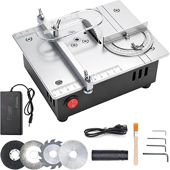 Mini Table Saw 7-Speed Power Supply Adjustable Table Cushion Saws Portable Precision Table Saw 0.1-15 mm Saw Blade Adjustable Table Saw with 4 Blades for DIY Woodworking Projects
