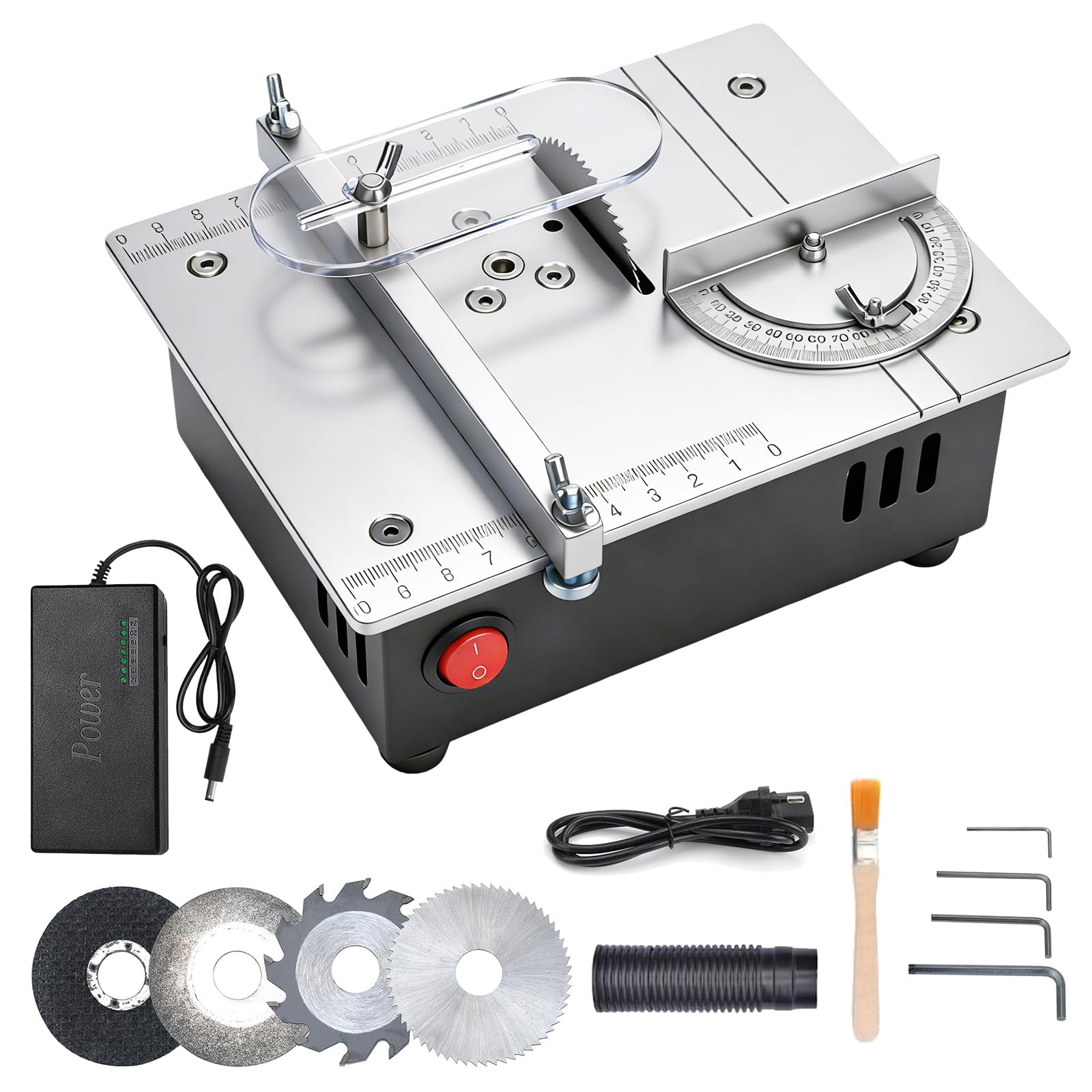 Mini Tischkreissäge, 7-Gang-Netzteil Einstellbarer,Tischkissägen Tragbare Präzisions Table Saw 0,1-15mm Sägeblatt Hönverstellbarer, Tischkreissäge mit 4 Klingen für DIY-Holzbearbeitugsprojekte