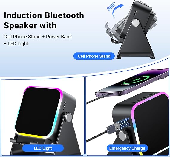 Induction Speaker with Phone Stand 5 in 1 Wireless Bluetooth Audio Black