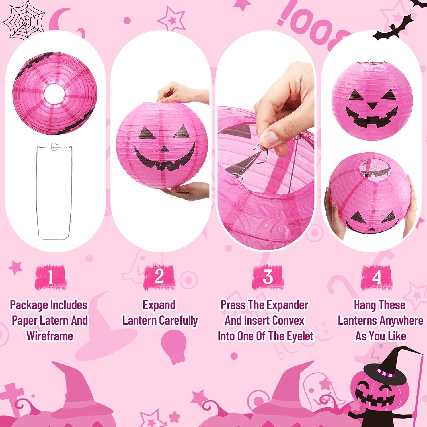 Blulu 6 Pieces Halloween Hanging Paper Lanterns Set Pumpkin Paper Jack-O'-Lantern for Halloween Spooky Home Party Decoration, 11.8 x 11 Inch (Pink,Black) image 4