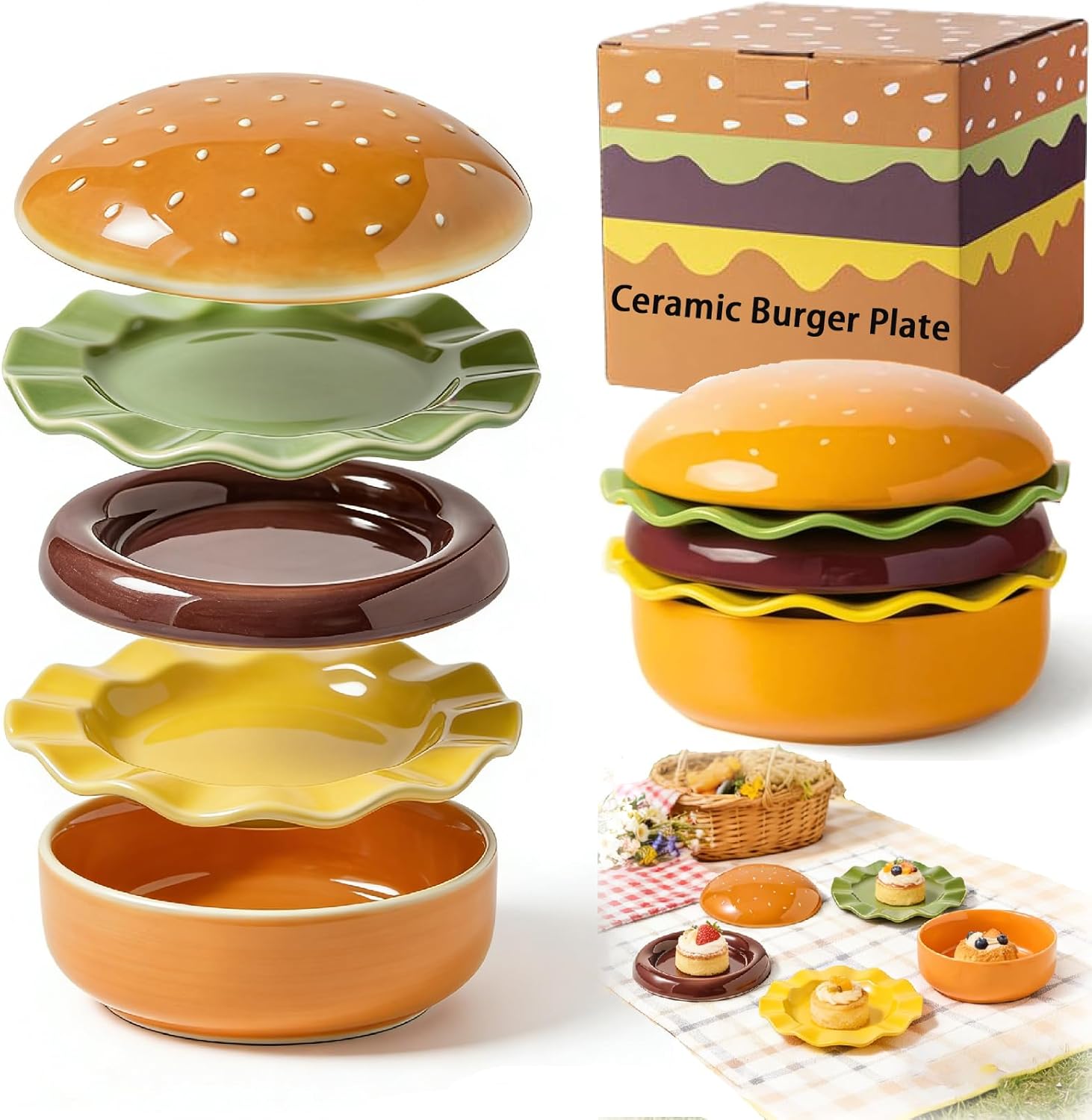 Ceramic Burger Plate Set,5-Piece Stackable Hamburger Plates And Bowls Sets,Novelty Cute Appetizer Plates For Party Picnic Barbecue Gathering (5plates(big))