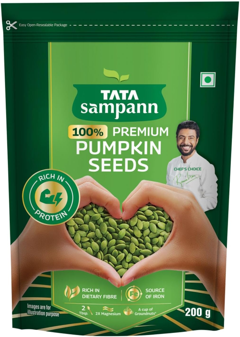 Tata Sampann Pumpkin Seeds, 200g, Rich in Protein, Dietary Fibre, Magnesium & Phosphorus, Raw & Unroasted Pumpkin Seeds, Source of Iron & Zinc, Handpicked Seeds, Resealable Pack