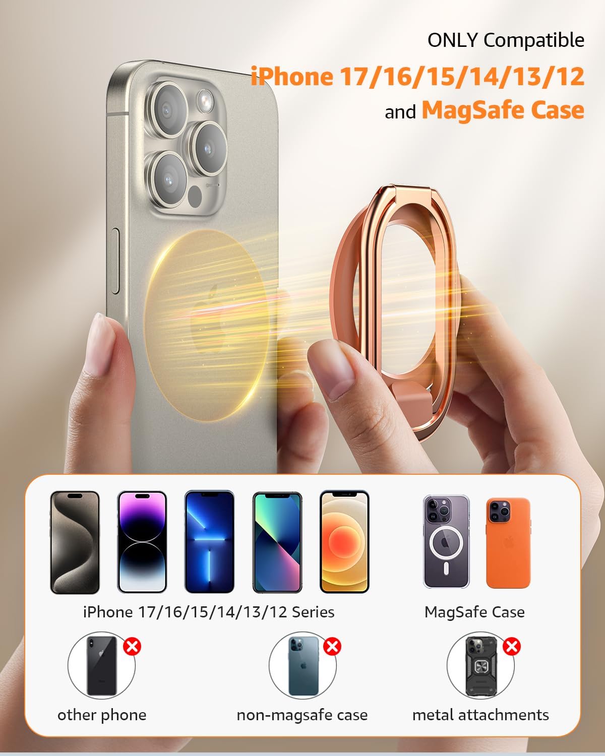 【2025 Upgraded】 Mag Safe Phone Ring Holder, SUPERONE Adjustable Magnetic Kickstand & Removable Phone Grip Compatible with Wireless Charging Only for iPhone 17 & 16 & 15 & 14 & 13 Series - Rose Gold