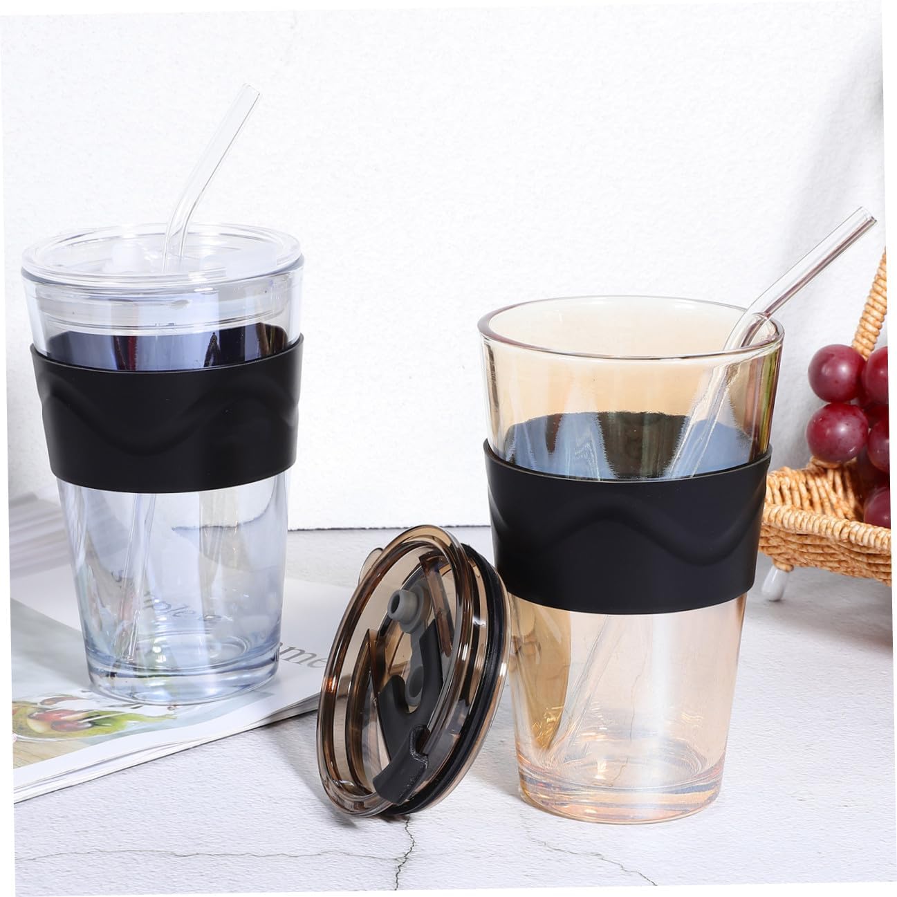2pcs Glass Drinking Cup with Straw Insulated Sleeve for Water Iced Tea Coffee Beverage Bottle Amber Colors