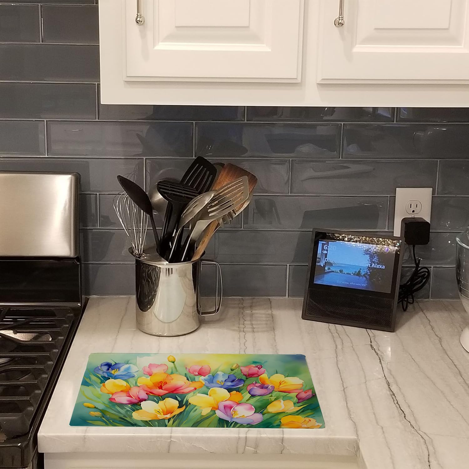 Caroline's Treasures DAC1565LCB Freesias in Watercolor Glass Cutting Board Large Decorative Tempered Glass Kitchen Cutting and Serving Board Large Size Chopping Board