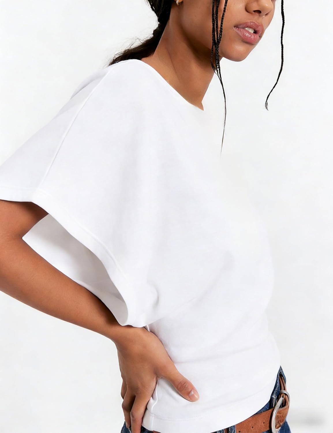 Boat Neck Batwing Tops for Women Cinched Waist Short Sleeve Loose Fit Tshirt Y2K Going Out Causal Tee Blouse