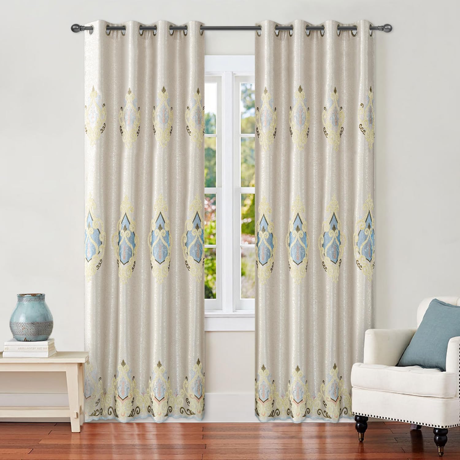 VOGOL Embroidered Curtains 106 inches Long Grommet Window Treatment Voile Panel Drape for Living Room Bedroom and Dining Room, Two Panels, W60 x L106 inch C1 60"W x 106"L (Pack of 2)