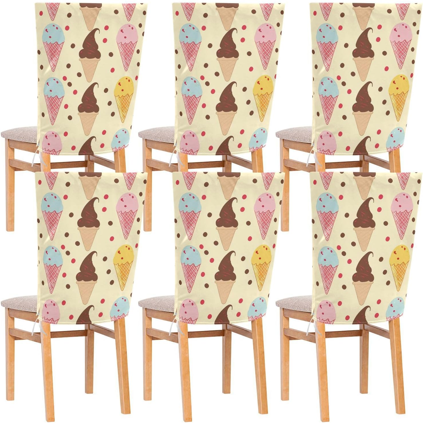ALAZA Ice Cream Dots Chair Back Cover Set of 6, Washable Reusable Removable Chair Slipcovers Decorative Chair Cover for Home Kitchen Wedding Party