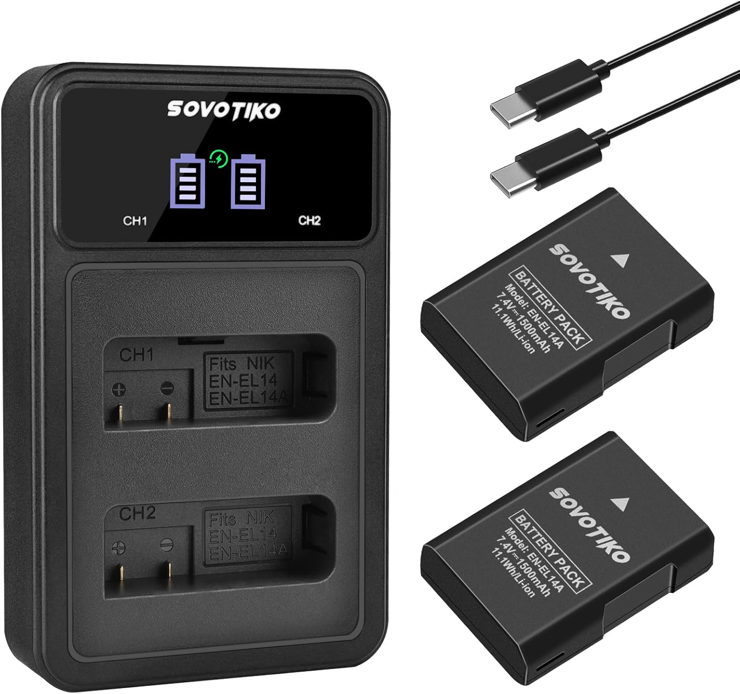 2-Pack EN-EL14 EN-EL14A Battery and LCD Dual Slot Charger, Recharger Battery for Nikon D3100 D3200 D3300 D3400 D3500 D5100 D5200 D5300 D5500 D5600 DF Coolpix P7000 P7100 P7700 P7800 Cameras