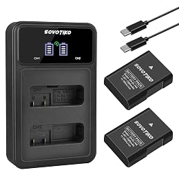 SOVOTIKO EN-EL14 EN-EL14A Battery & Dual Slot Charger | 2x1200mAh EN-EL14 batteries. LCD dual charger, independent slots. For Nikon D3100-D5600, DF, P7000-P7800