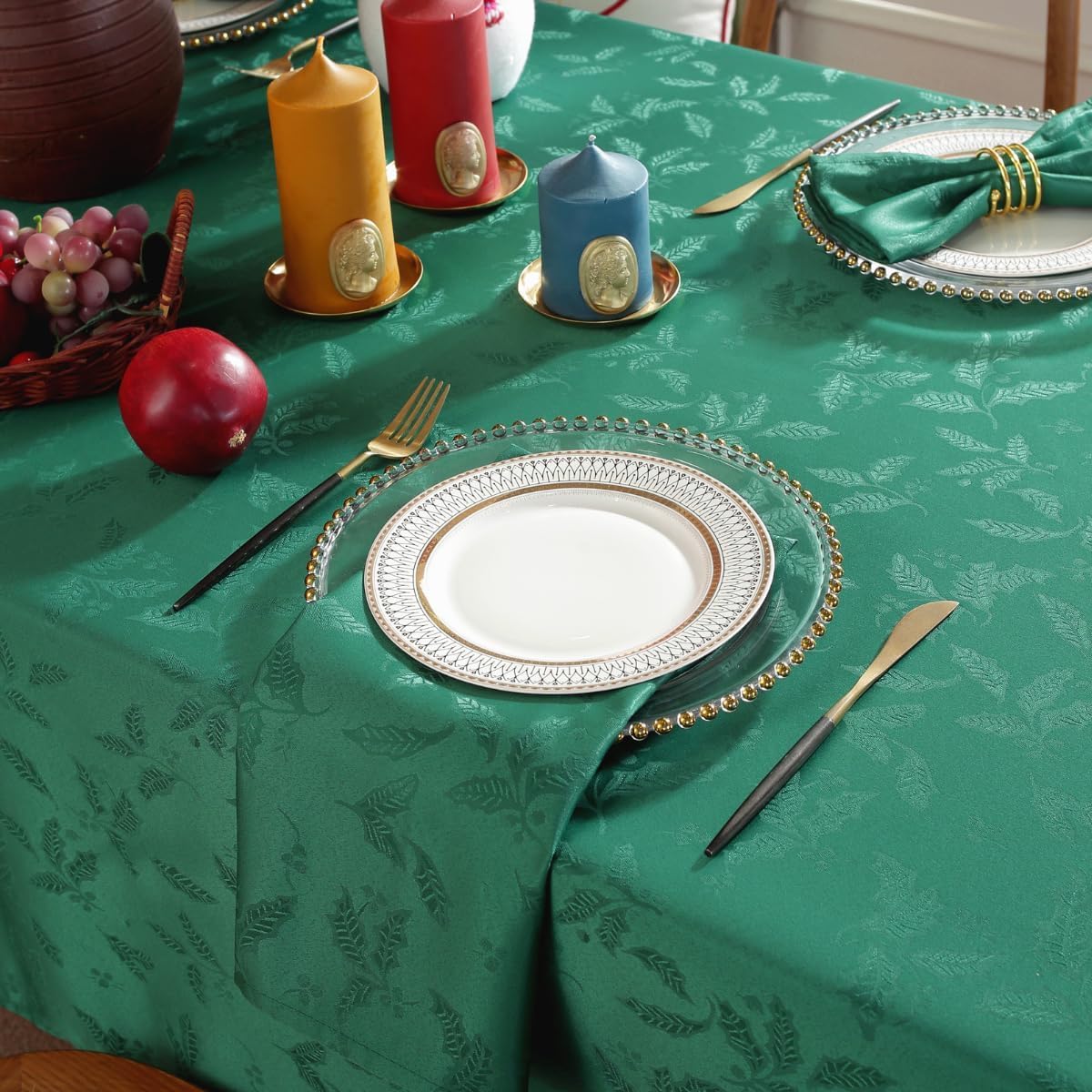 Honellaty Rectangle Christmas Holiday Tablecloth Jacquard Fabric Table Cloth,Winter Holly Berry Leaf Pattern Spill-Proof Table Cover for Family Gathering Dinner Decor 60×102 Inches Green