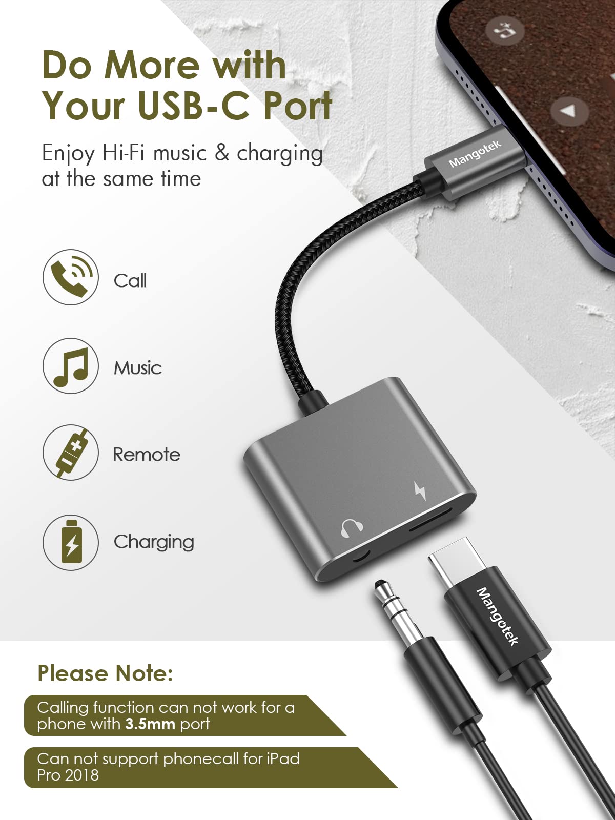 Mangotek USB C to 3.5mm Headphone and Charger Adapter, 2 in 1 Type C to 3.5mm Audio Adapter with Fast Charging for Aux, Earphones Compatible with Samsung S23/S22 note20/10 iPad Pro Pixel Huawei, Grey