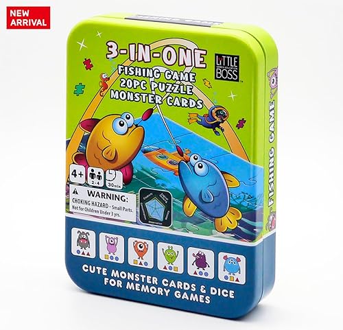 Miniatura 2 de Little Boss Games Juego familiar 3 en 1 juego de pesca, rompecabezas (20 piezas, tablero de juego de 2 caras), tarjetas de memoria (24 cartas) y