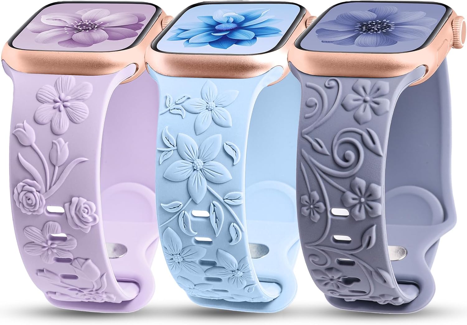 3 Pack 3D Floral Bands Compatible with Apple Watch Bands 38/40/41/42/44/45/46/49mm Women, Engraved Soft Silicone Flower Dressy Straps for iWatch Series 11/10/9/8/7/6/5/4/SE Ultra 3/2/1