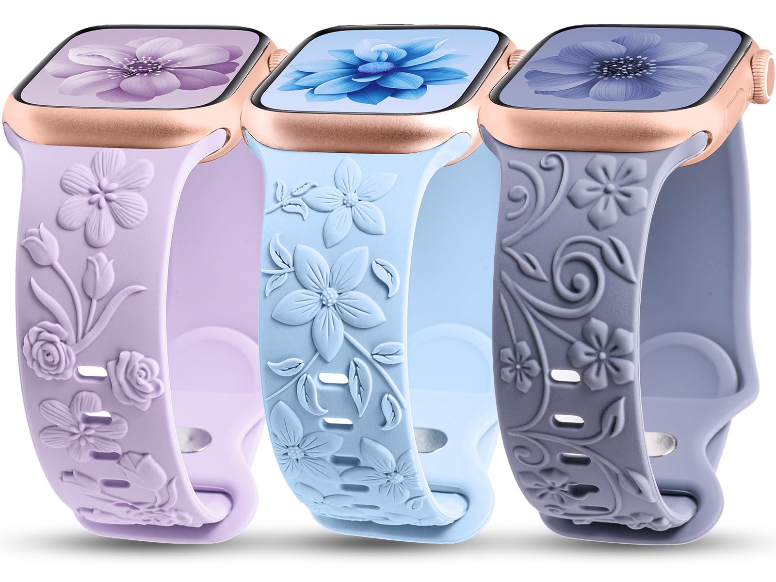 TOYOUTHS 3 Pack 3D Floral Engraved Bands Compatible with Apple Watch Bands 42mm 41mm 40mm 38mm Women, Soft Silicone Embossed Cute Flower Dressy Fancy Straps for iWatch Series 10/9/SE/8/7/6/5/4/3/2/1