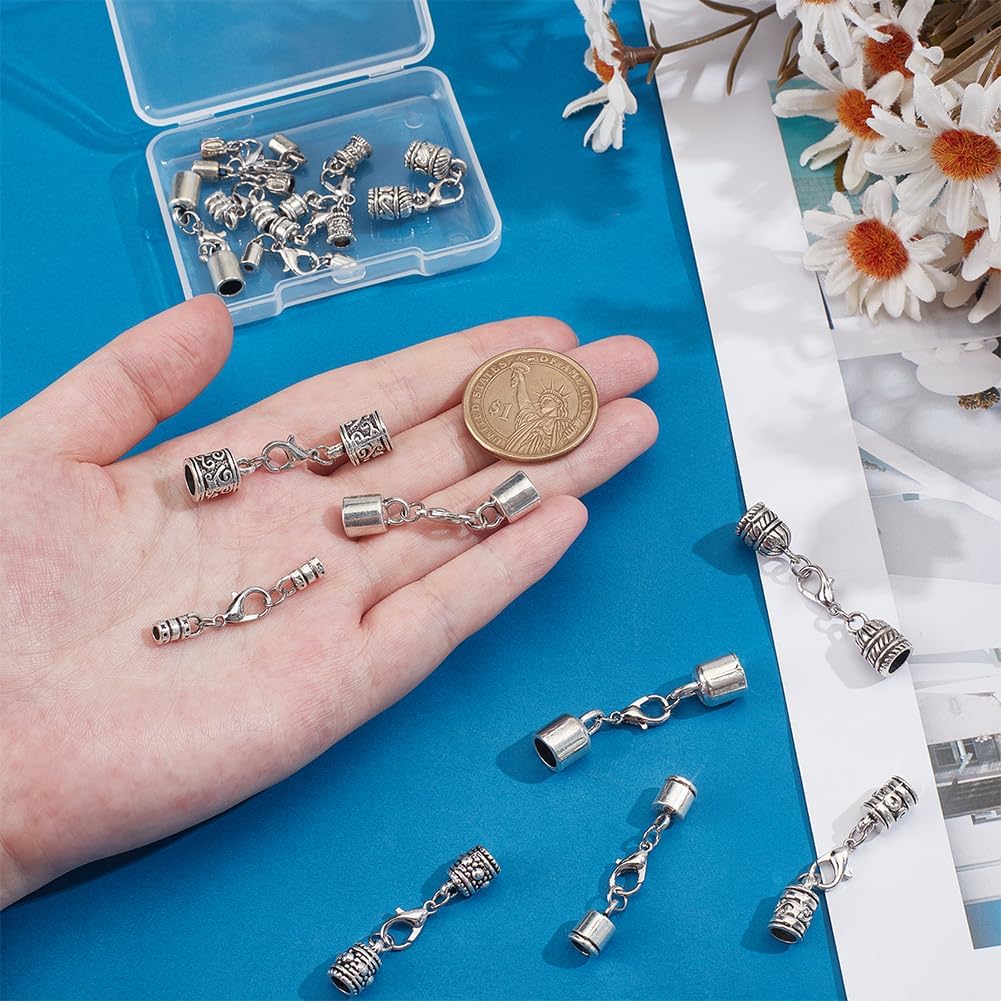 PH PandaHall 32PCS Leather Cord End Caps, 16 Styles Alloy Cord End Caps with Lobster Clasp Connector Necklace End Tip with Loop for DIY Crafts Jewelry Making Necklace Bracelet Anklet, Platinum - Image 3