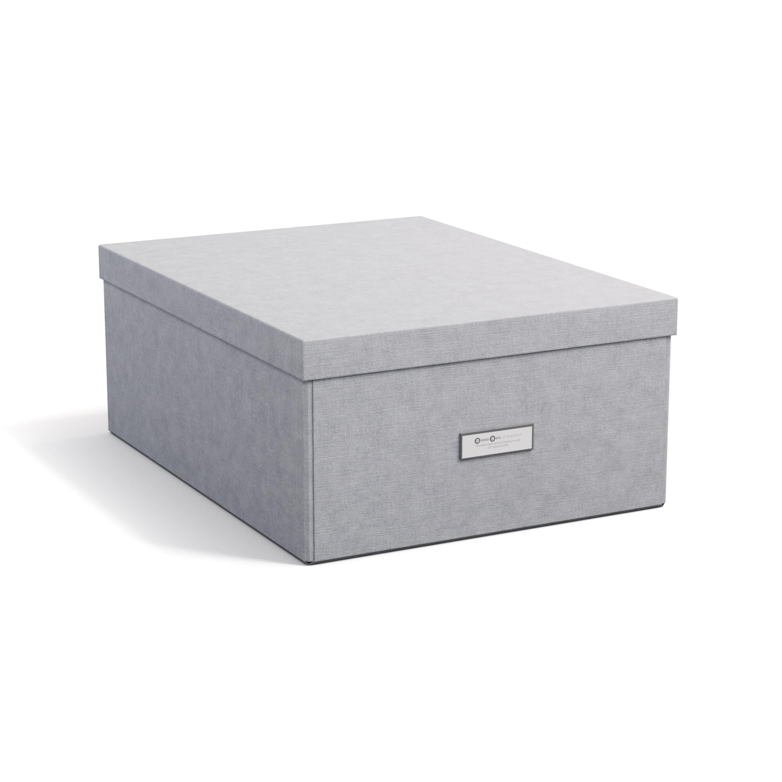 Bigso Box of Sweden KATRIN Large Storage Box with Lid - Sturdy Organiser Made of Fibreboard and Paper in Linen Look - Practical Folding Box with Label Frame - Light Grey