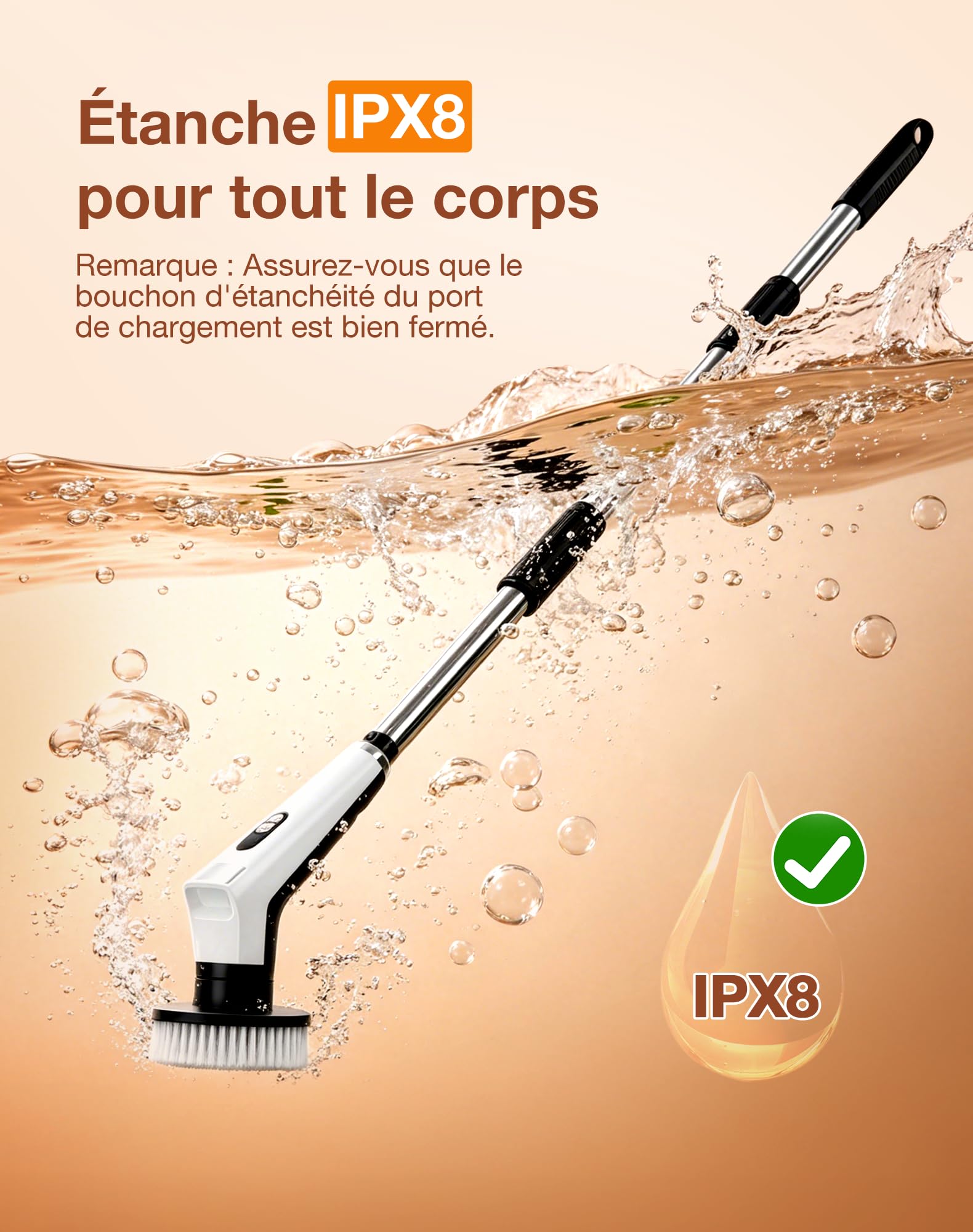 Brosse Nettoyage Électrique avec 9 Têtes, Manche Extensible, 3 Vitesses, Étanche IPX8, Batterie de 3000 mAh, Brosse Rotative Nettoyage avec Éclairage LED pour Salle de Bain, Cuisine, Sols