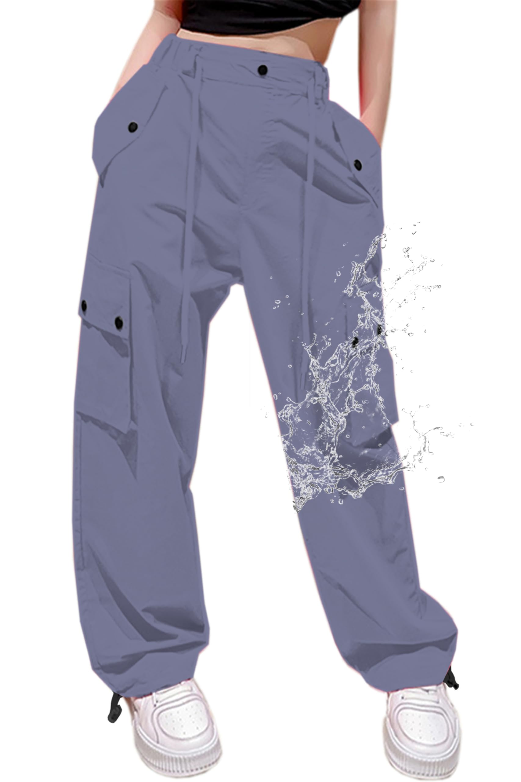 Cromoncent Womens High Waist Parachute Pants Y2K Cargo Trousers with Pockets, Purple Gray, M