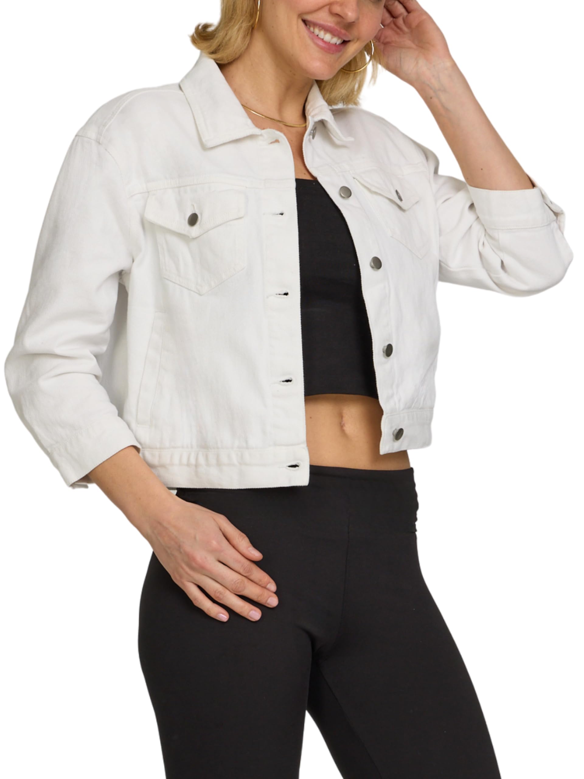 american denim 3/4 sleeve denim jacket for women, cropped button up top