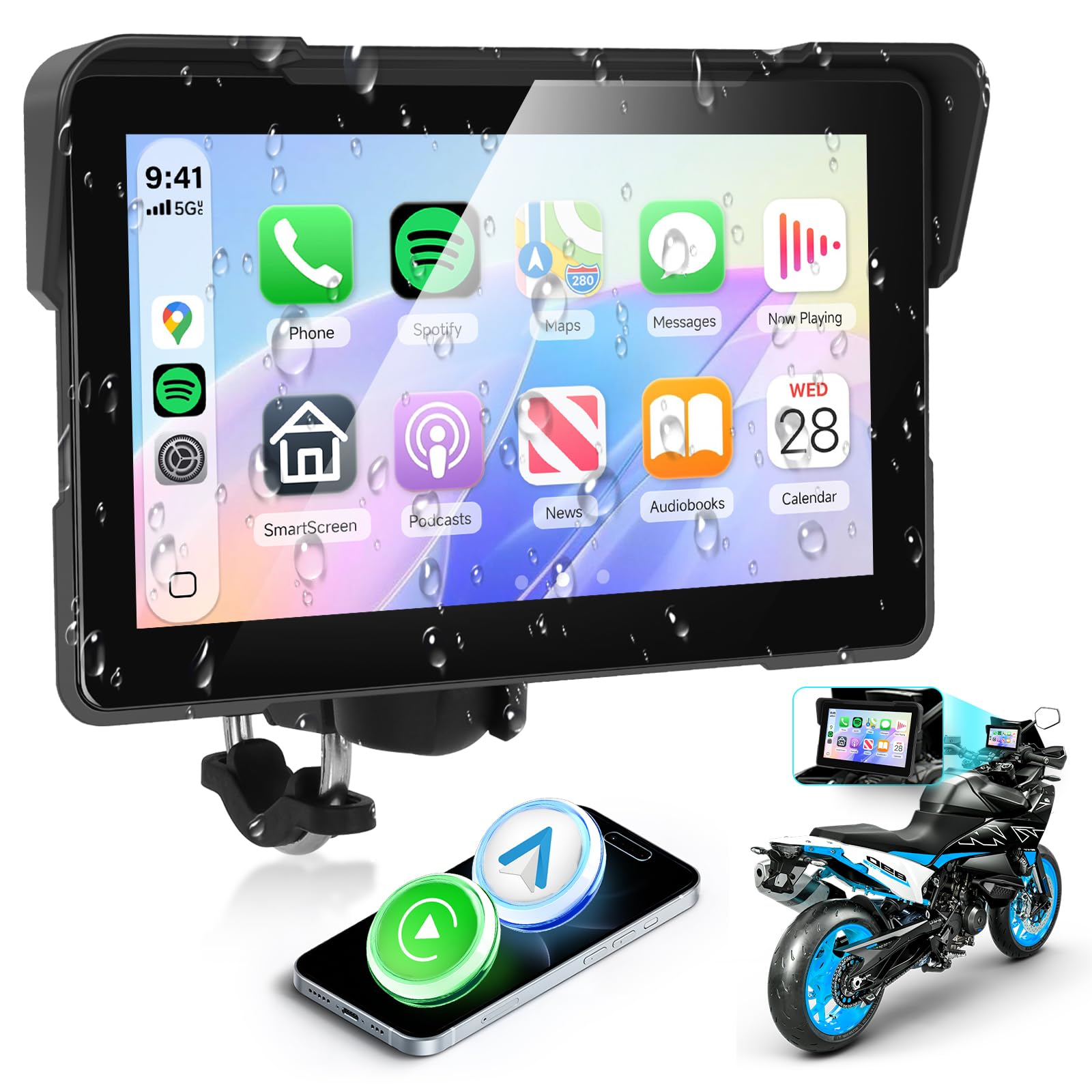 Rimoody Carplay Moto, 5 Pouces Stéréo de Voiture Portable à HD Écran Tactile, IP67 Étanche avec Android Auto Airplay/Android Cast/Bluetooth/EQ/SD/Commande Vocale/AUX/USB/SD