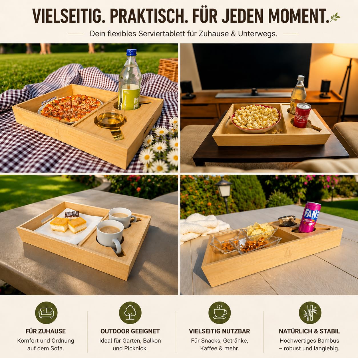 Couchbar Snackbox Serviertablett – Bambustablett - großes Fach für Snacks & Mahlzeiten – leicht & sicher – Geschenkidee.