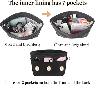 Black Tote Bag Organiser, Nylon Insert for Tote Bags, Waterproof Multi-Pocket Handbag Divider Liner for Women, 26 x 10 x 19 cm