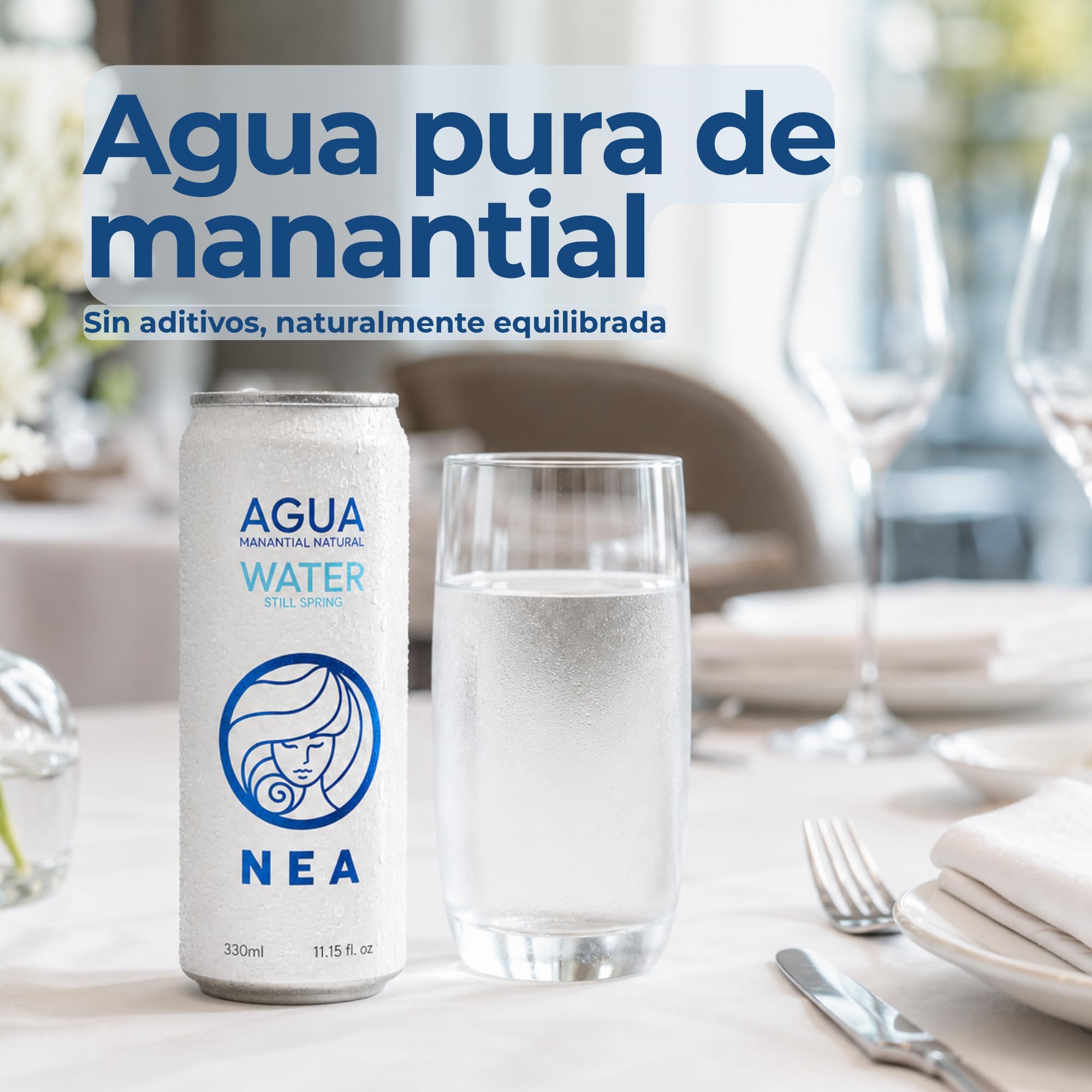 NEA Agua de Manantial en Lata - Manantial Alpes Austríacos - Pack 24 Latas 33cl - Aluminio Sin Plástico BPA Free - Sin Retrogusto Metálico - Hidratación Responsable