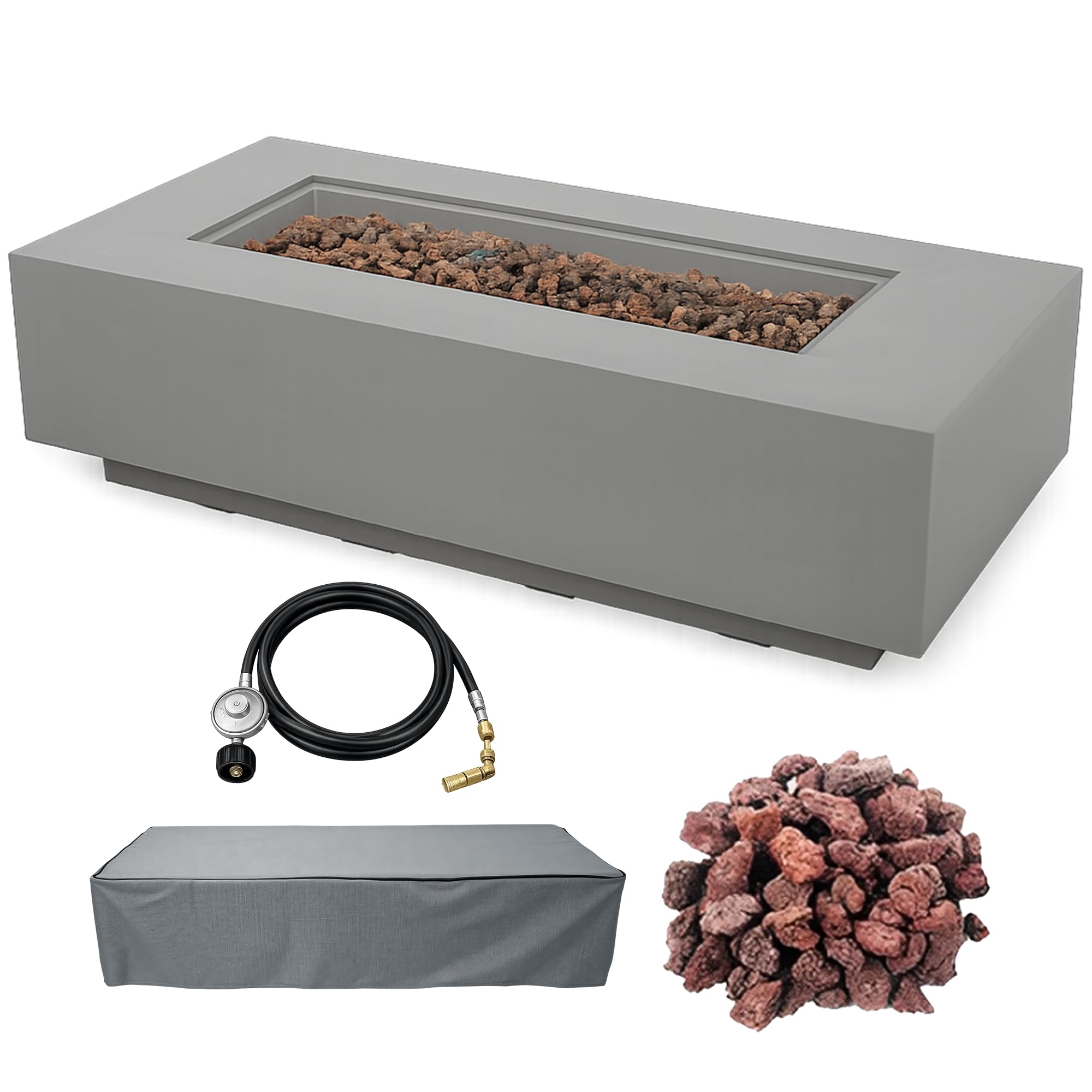 AMS 60" Rectangular Concrete GFRC Propane Gas Fire Pit Table (Light Gray)