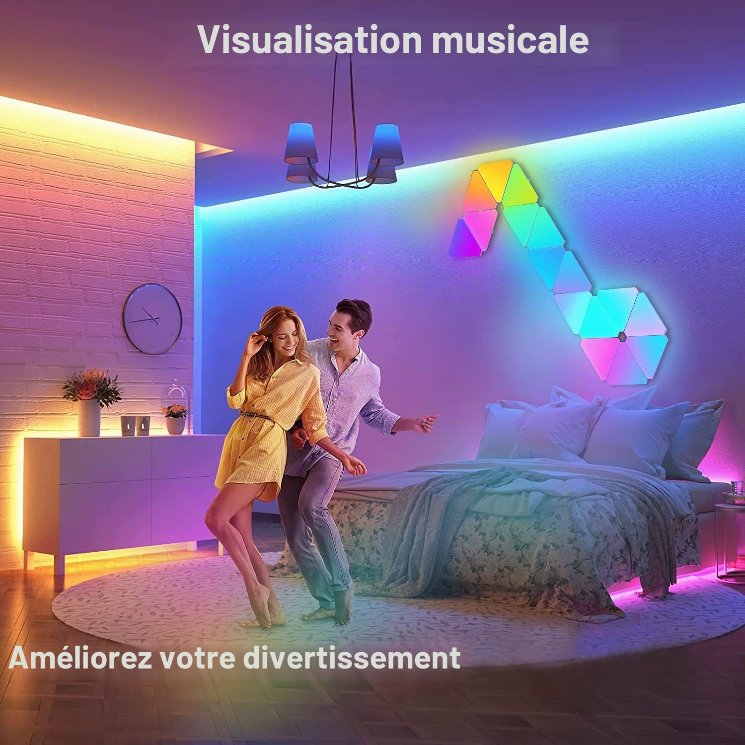 Panneau LED Mural, Applique Murale Interieur LED RGB Triangles Télécommandée Deco Gaming Fonctionne avec Alexa/Google Assistant,App et Contrôle Vocal Musique Sync pour Chambre,9 Panneaux Lumineux