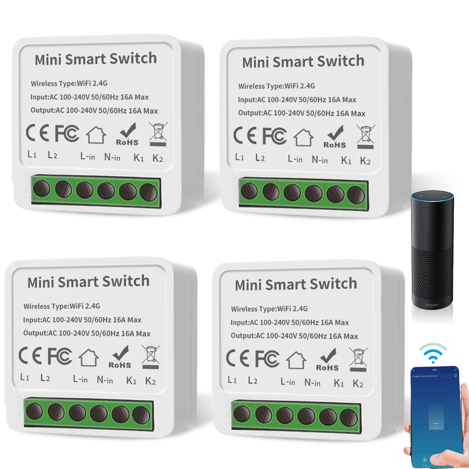 4 interruptores de luz inteligentes, módulo de 1 vía, doble control, mini interruptor wifi DIY, adecuado detrás interruptor de pared, módulo compatible con la aplicación Tuya, Alexa y Google Home