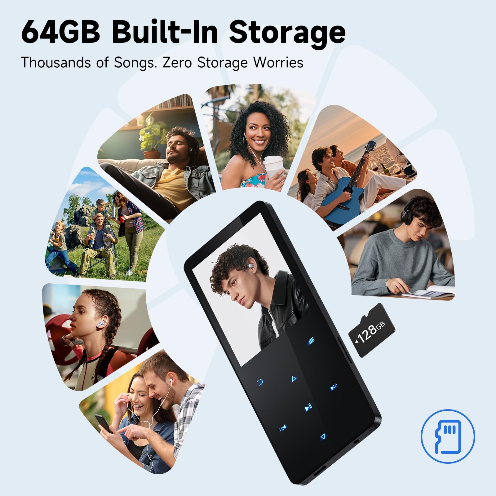 Lettore MP3 da 64 GB con Bluetooth 5.3, lettore musicale portatile con altoparlante integrato, lettore audio digitale per sport con funzione vocale, radio FM, supporta schede di memoria fino a 128 GB